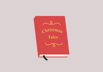 A Christmas tales book, a winter holidays leisure, red cover isolated on a plain background