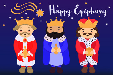 Hand drawn isolated vector of three kings or wise men with gifts in flat style. Falling star. Text lettering Happy Epiphany in cursive. Epiphany, three kings day greeting card.