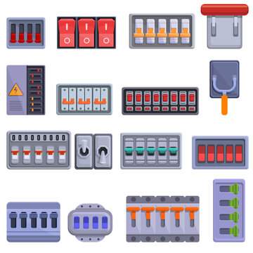 Breaker switch icons set. Cartoon set of breaker switch vector icons for web design