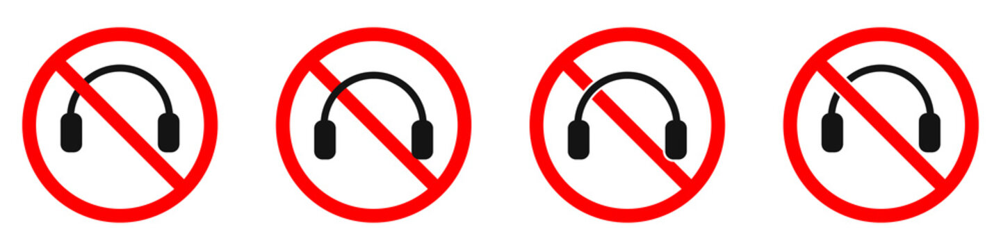 Headphones Are Forbidden. Stop Headphones Icon Set. No Headphones Sign