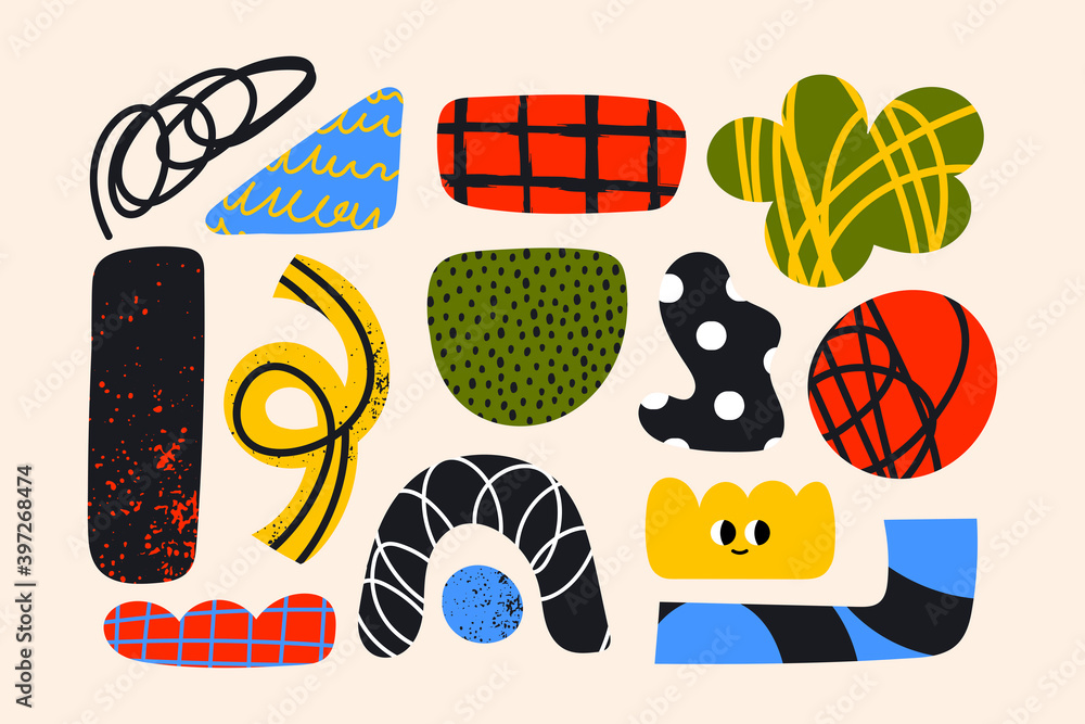 Poster set of hand drawn various colorful shapes and doodle objects. different textures. abstract contempor