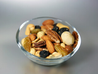 Mix of nuts - macadamia pecans almonds cashews hazelnuts and light and dark raisins