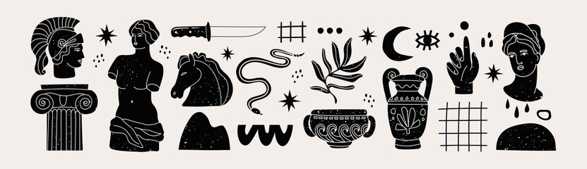 Naklejka premium Various Antique statues, branch, amphora, column. Different objects. Mythical, ancient greek or roman style. Hand drawn Vector illustration. Classic statues in modern style. All elements are isolated