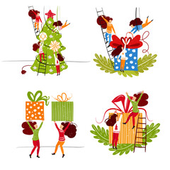 Small people characters decorating Christmas tree and presents. New year decoration. Fantasy little people in giant world flat cartoon style hand drawn vector illustration