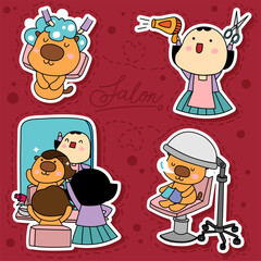 Four cartoon characters, at the salon, hairdresser