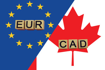 United Europe and Canada currencies codes on national flags background