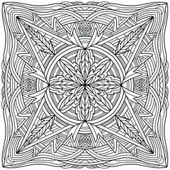 square mandala with abstract linear ornaments drawn on a white background for coloring, vector, mandala