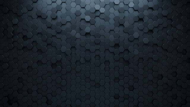Futuristic, High Tech, dark background, with a hexagonal cellular structure. Wall texture with a 3D hexagon tile pattern. 3D render