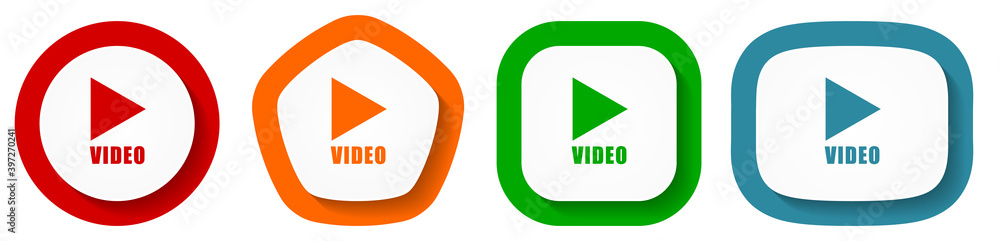 Leinwandbilder Video vector icon set, flat design vector illustration in 4 colors options for webdesign and mobile applications