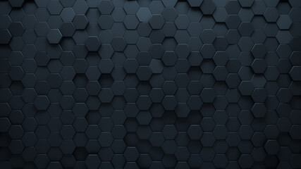 Futuristic, High Tech, dark background, with a hexagonal cellular structure. Wall texture with a 3D hexagon tile pattern. 3D render