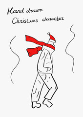 Merry Christmas character with red scarf for winter in doodle style, going for celebrate Xmas in cold pose for New Year, vector.