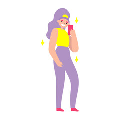 Vector flat illustration with doodle woman with a device. Girl takes selfie on smartphone and smiles. Design of a modern female character with a mobile device