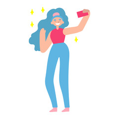 Vector flat illustration with doodle woman with a device. Girl takes selfie on smartphone and smiles. Design of a modern female character with a mobile device