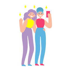 Vector flat illustration with doodle women with a device. Girls takes selfie on smartphone and smiles. Design of a modern female characters with a mobile device
