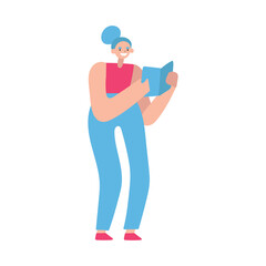 Vector flat illustration with doodle woman with a book. Girl holds a book, reads  and smiles. Design of a modern female character