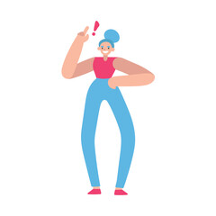 Happy young girl character raises her finger up. Woman got an idea and she attracts attention. Female character found a solution to her problem. Flat cartoon vector illustration
