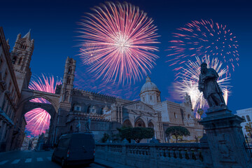 Celebratory fireworks for new year over Palermo Cathedral in Palermo, Italy during last night of...