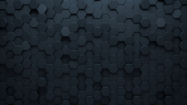 Fototapeta Futuristic, High Tech, dark background, with a hexagonal cellular structure. Wall texture with a 3D hexagon tile pattern. 3D render