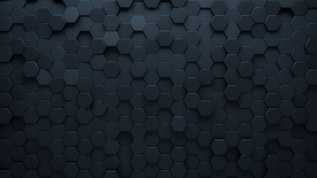 Futuristic, High Tech, dark background, with a hexagonal cellular structure. Wall texture with a 3D hexagon tile pattern. 3D render