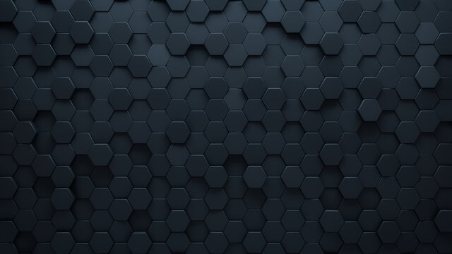 Futuristic, High Tech, dark background, with a hexagonal cellular structure. Wall texture with a 3D hexagon tile pattern. 3D render