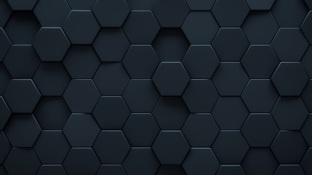 Futuristic, High Tech, dark background, with a hexagonal cellular structure. Wall texture with a 3D hexagon tile pattern. 3D render