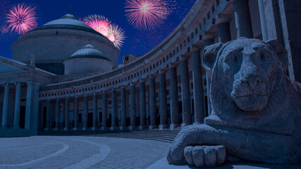 Celebratory fireworks for new year over plebiscito square or piazza in naples during last night of...