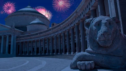 Poster Celebratory fireworks for new year over plebiscito square or piazza in naples during last night of year. Christmas atmosphere.  © Giampaolo