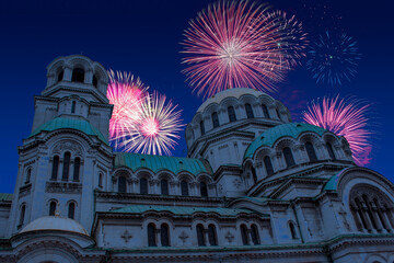 Celebratory fireworks for new year over Alexander Nevsky Cathedral, Sofia - Bulgary during last...