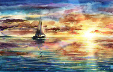 Beautiful watercolor sea landscape illustration with sunset, sky and clouds, ship, vessel, boat in ocean, water reflections and waves, hand drawn seascape painting with yacht silhouette over horizon.