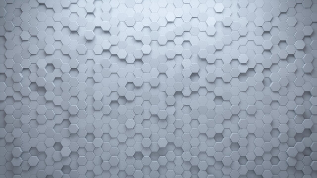 Futuristic, High Tech, light background, with a hexagonal cellular structure. Wall texture with a 3D hexagon tile pattern. 3D render