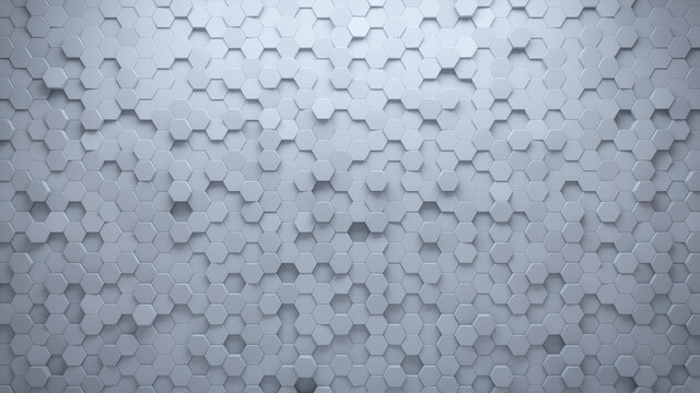 Futuristic, High Tech, light background, with a hexagonal cellular structure. Wall texture with a 3D hexagon tile pattern. 3D render