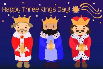 cute cartoon Three Kings prince character with the beard and crown holding golden gifts Vector illustration clip art isolated on white background. Clip for Epiphany, Three Kings day, Dia de las magos,