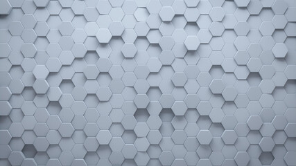 Futuristic, High Tech, light background, with a hexagonal cellular structure. Wall texture with a 3D hexagon tile pattern. 3D render