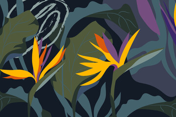 Artistic seamless pattern with abstract leaves and bird of paradise flowers (strelitzia), tropical plants in night jungle. Modern vector design for paper, cover, fabric, interior decor and more.