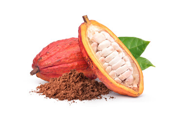 Pile of Cocoa powder with cocoa fruits isolated on white background.