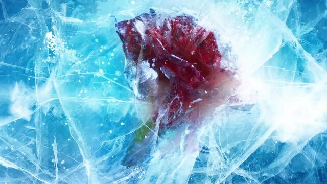Rose unfreezing from ice cube. Red rose emerge from ice. Beautiful red rose melts in a piece of ice