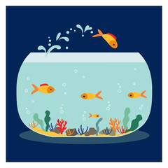 Obraz premium Goldfish jumping out one fishbowl. Aquarium with swimming gold exotic fish. Underwater aquarium habitat with sea plants. Flat vector drawn illustration, isolated objects.