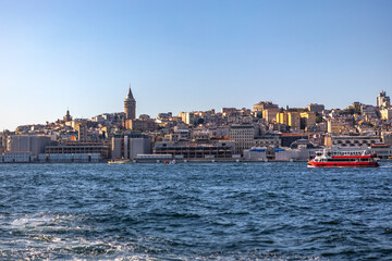 Istanbul, Turkey - September 2020: Panorama with Galata Tower, built in the 14th century by the Genoese colony as part of the defense wall, now touristic attraction and city landmark
