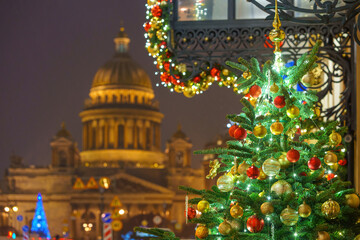 Christmas tree on a Isaacs square, View of St. Isaac's Cathedral, Saint-Petersburg, Russia 