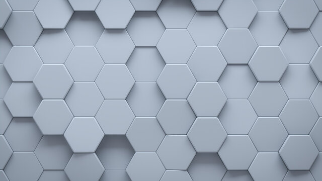 Futuristic, High Tech, light background, with a hexagonal cellular structure. Wall texture with a 3D hexagon tile pattern. 3D render