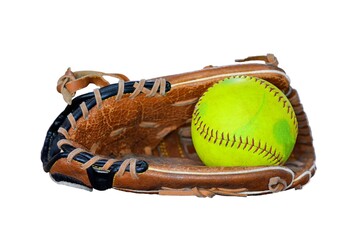 Closeup Of Vintage Softball Glove And Old ball Isolated On White Background.