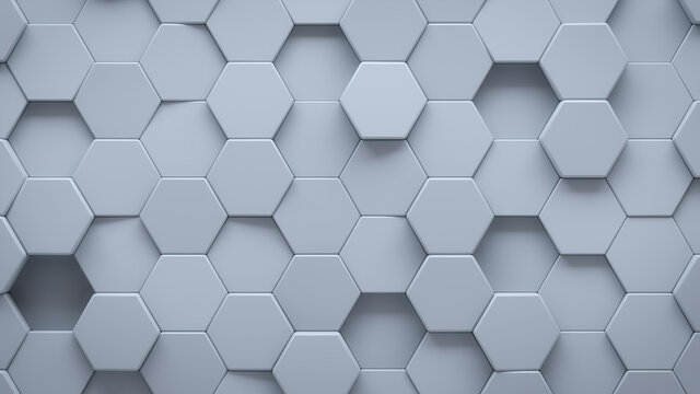 Futuristic, High Tech, light background, with a hexagonal cellular structure. Wall texture with a 3D hexagon tile pattern. 3D render