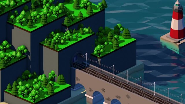 3d Animation of train. Toy train animation. Isometric island and train.