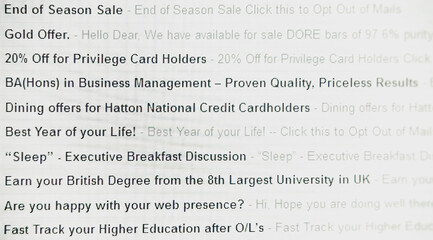 A screen capture of spam messages from an inbox email, all fake (created by me from scratch)....