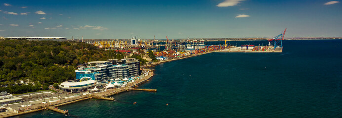 Odessa Ukraine. Air panorama the beach Langeron and sea port at summer time. - obrazy, fototapety, plakaty