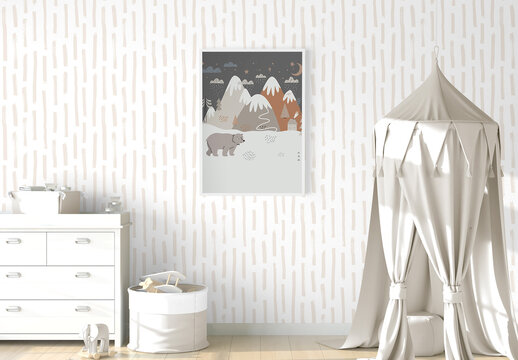 Wall and Poster Frame in a Nursery Mockup