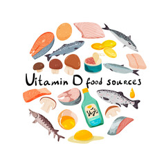 Vitamin D food sources information banner vector illustration. Omega 3 medical banner. Different fishes set in cartoon style isolated on white. Healthy diet concept art.