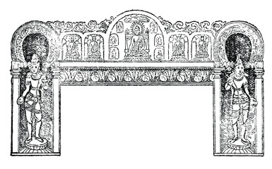 Indian from the time of Sanskrit in India border which is like and arch with traditional motif. Black and white Illustration.