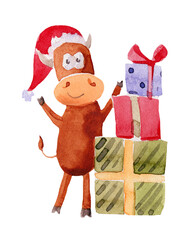 Watercolor illustration new year 2021, symbol of new year bull gives gifts