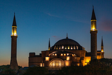 Istanbul, Turkey - September 2020:.Hagia Sophia or Ayasofya is the former Greek Orthodox Christian patriarchal cathedral, later an Ottoman imperial mosque and museum and one of seven wonders.